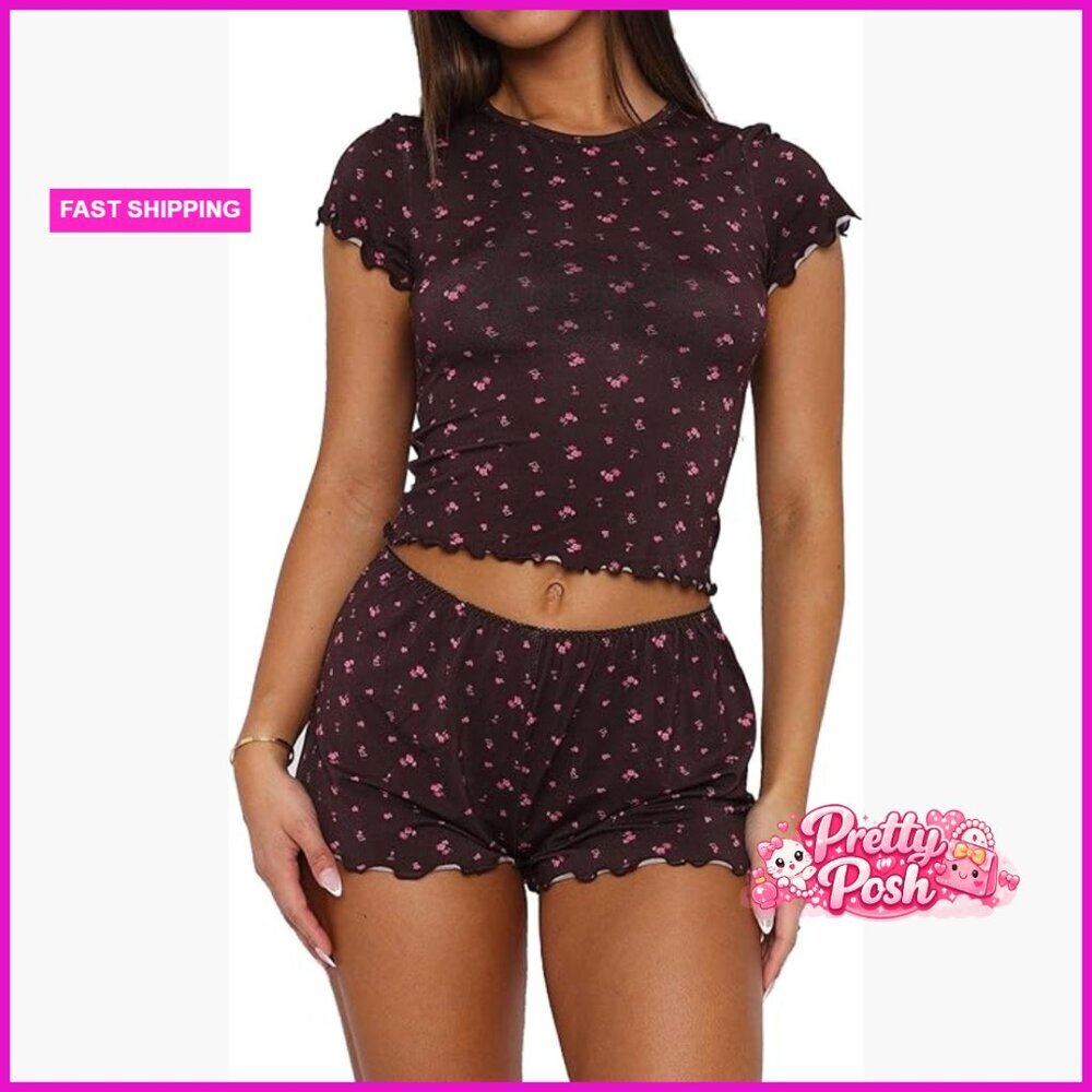 Polyester Spandex Pajama Set Crop Top Shorts Sleepwear Lounge